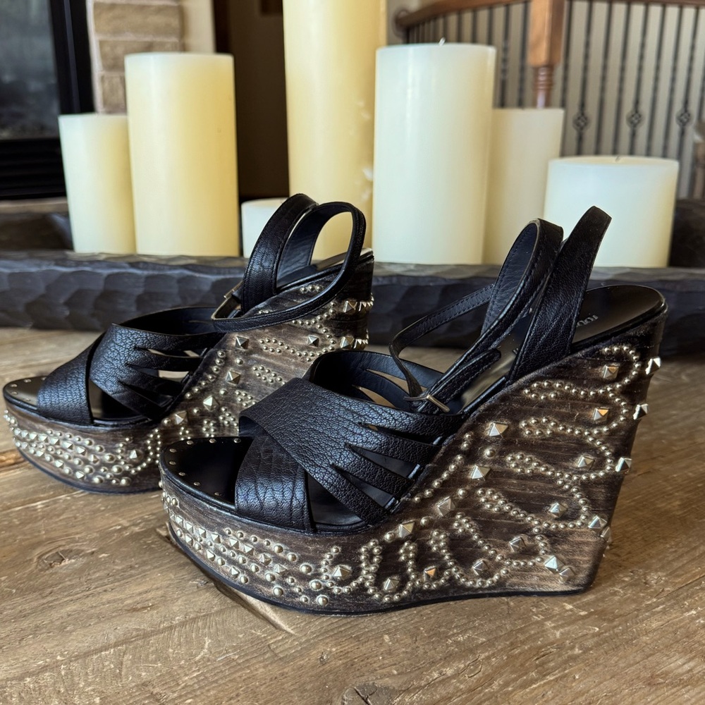 Roberto Cavalli Black Studded Wooden Wedge Platform Sandals